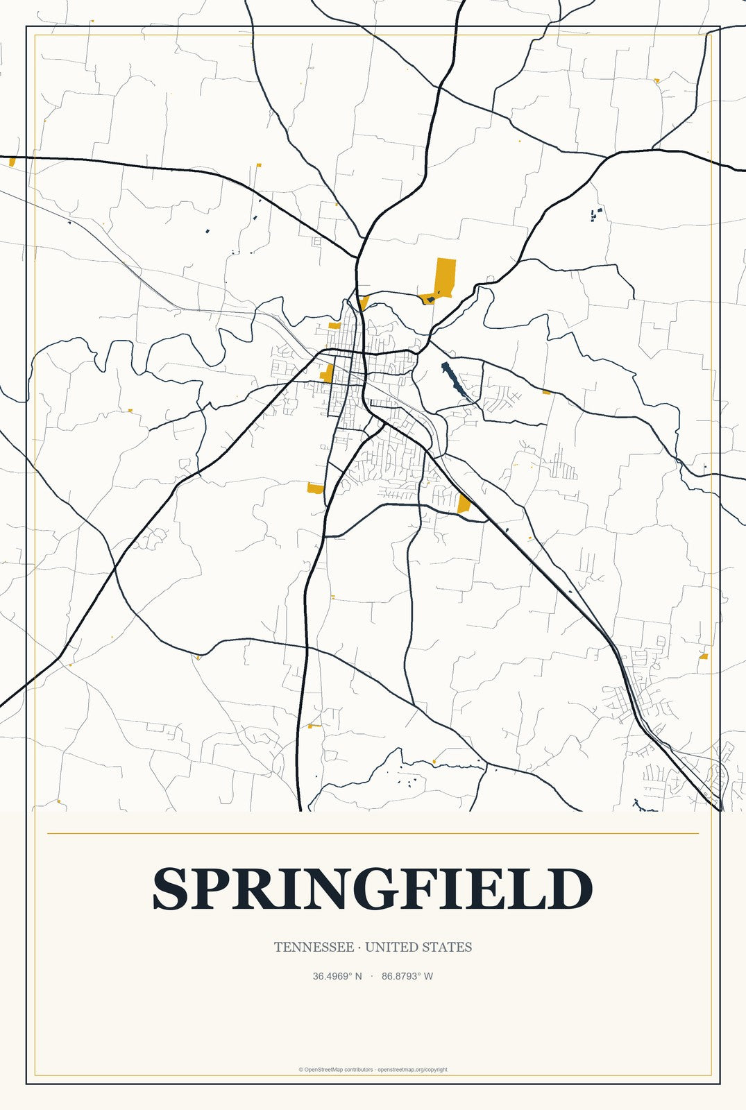 Springfield, Tennessee City Map Aluminum Sign in Citrine Modern style