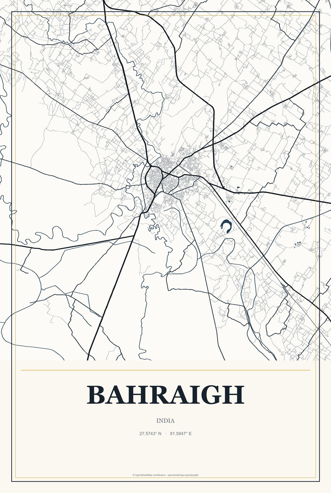 Bahraigh, India City Map Aluminum Sign in Citrine Modern style