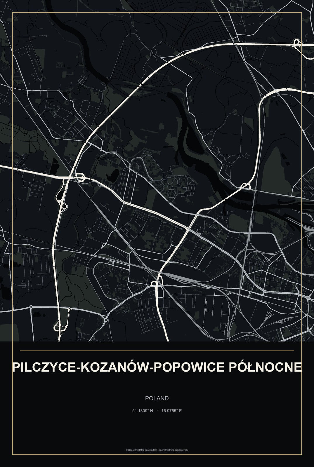 Pilczyce-Kozanów-Popowice Północne, Poland City Map Aluminum Sign in Metropolitan Noir style