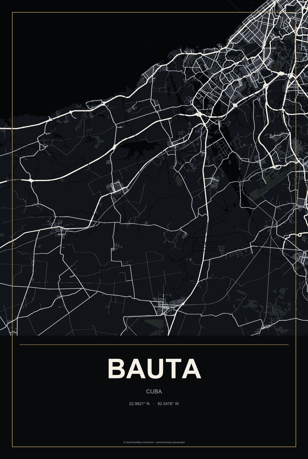 Bauta, Cuba City Map Aluminum Sign in Metropolitan Noir style