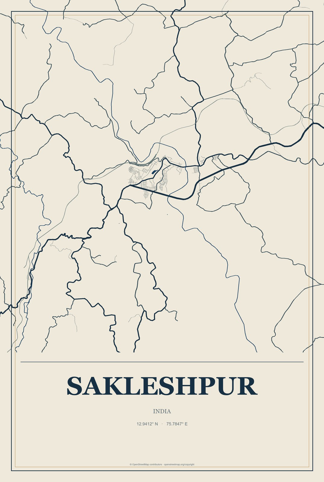 Sakleshpur, India City Map Aluminum Sign in Coastal Cutout style