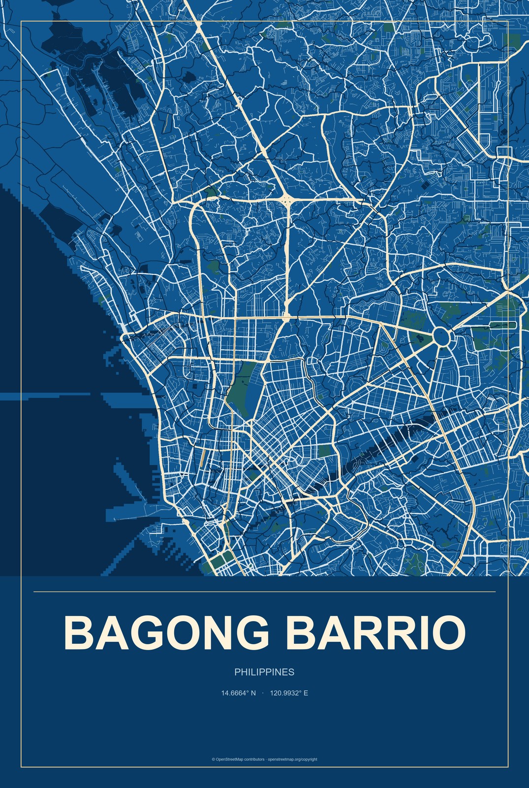 Bagong Barrio, Philippines City Map Aluminum Sign in Harbor Cobalt style
