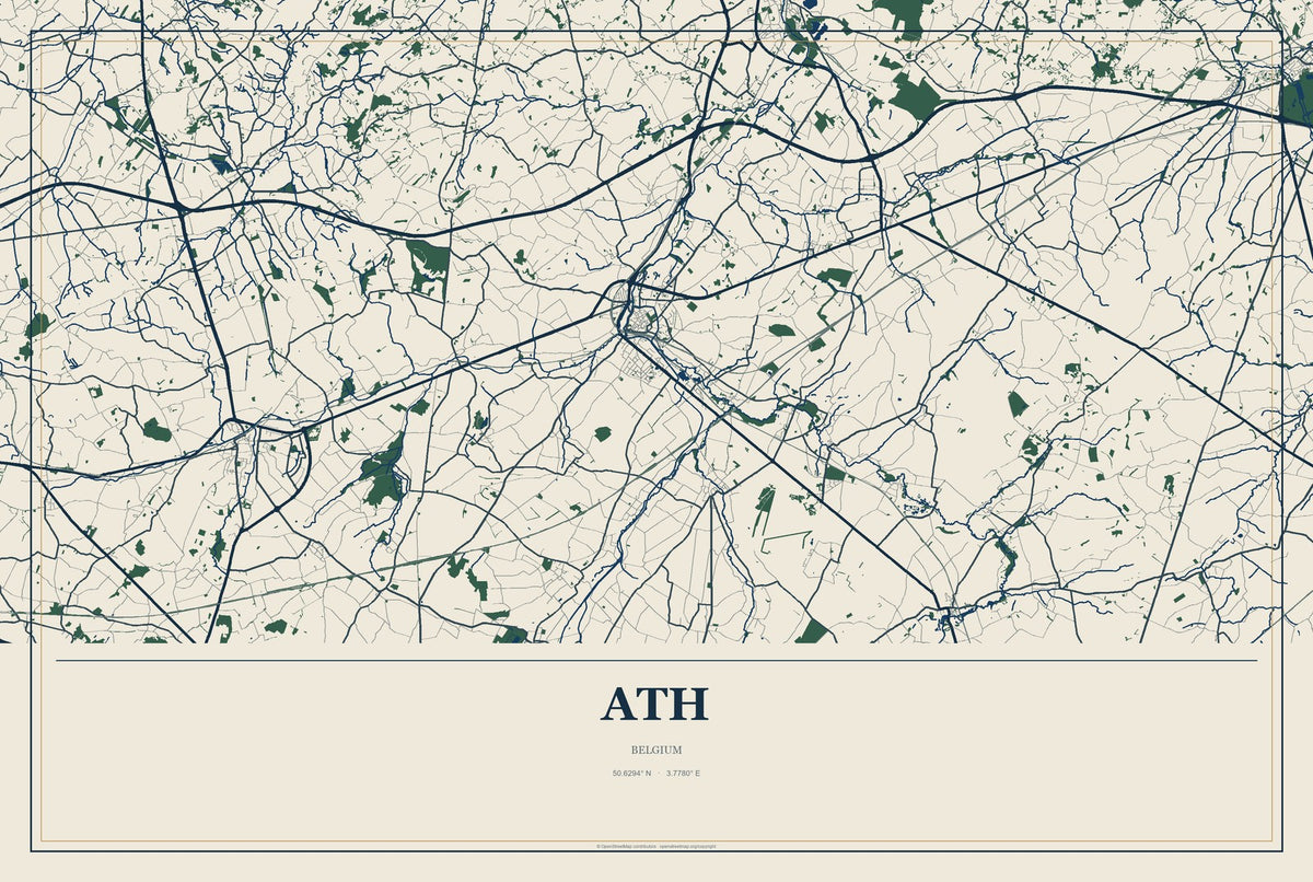 Ath, Belgium City Map Aluminum Sign in Coastal Cutout style