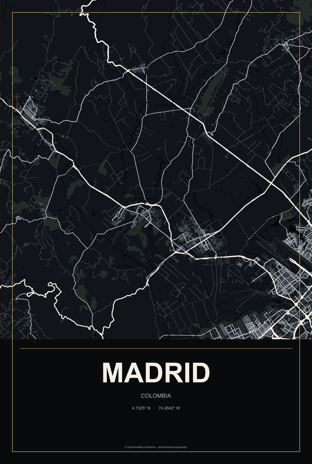 Madrid, Colombia City Map Aluminum Sign in Metropolitan Noir style