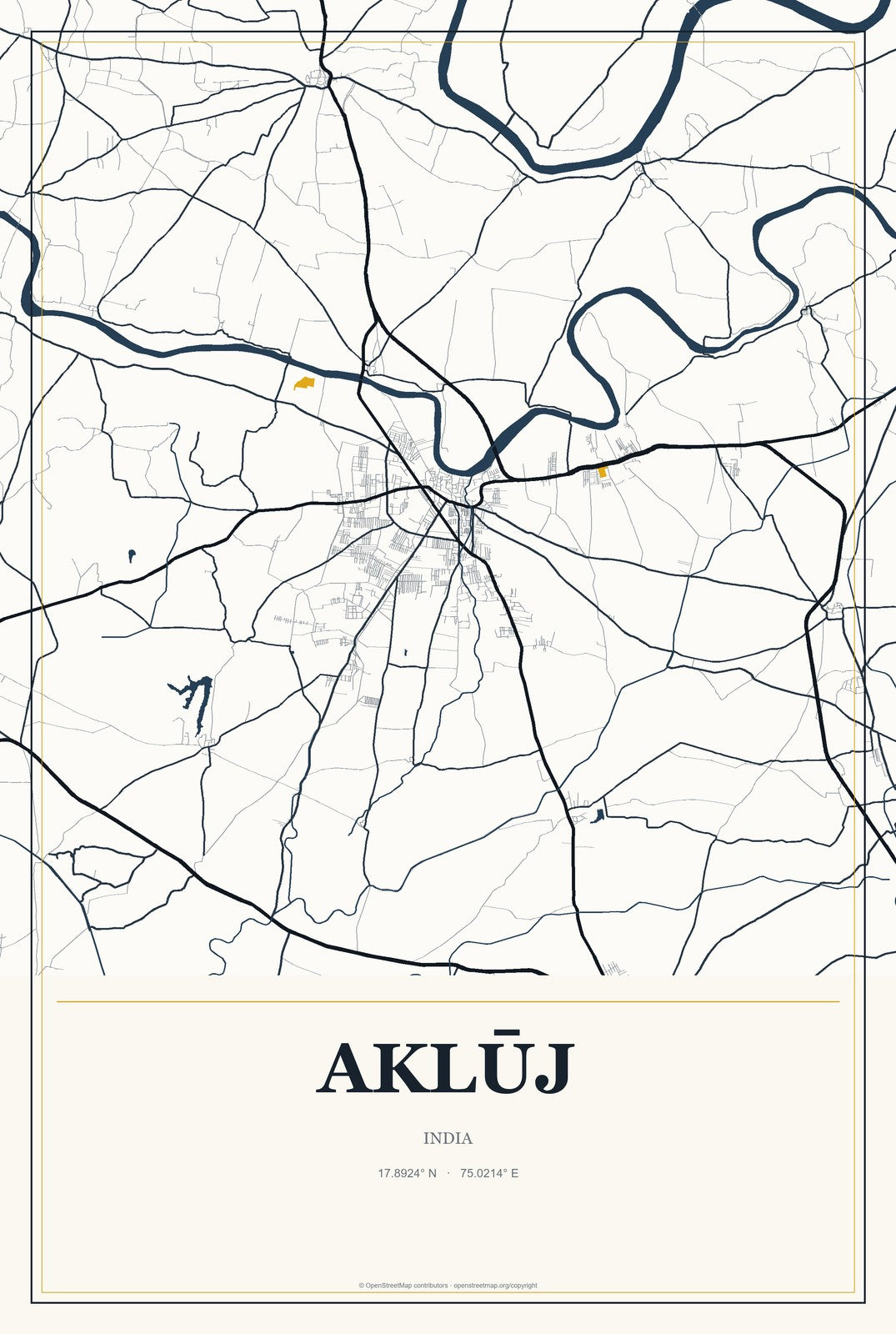 Aklūj, India City Map Aluminum Sign in Citrine Modern style