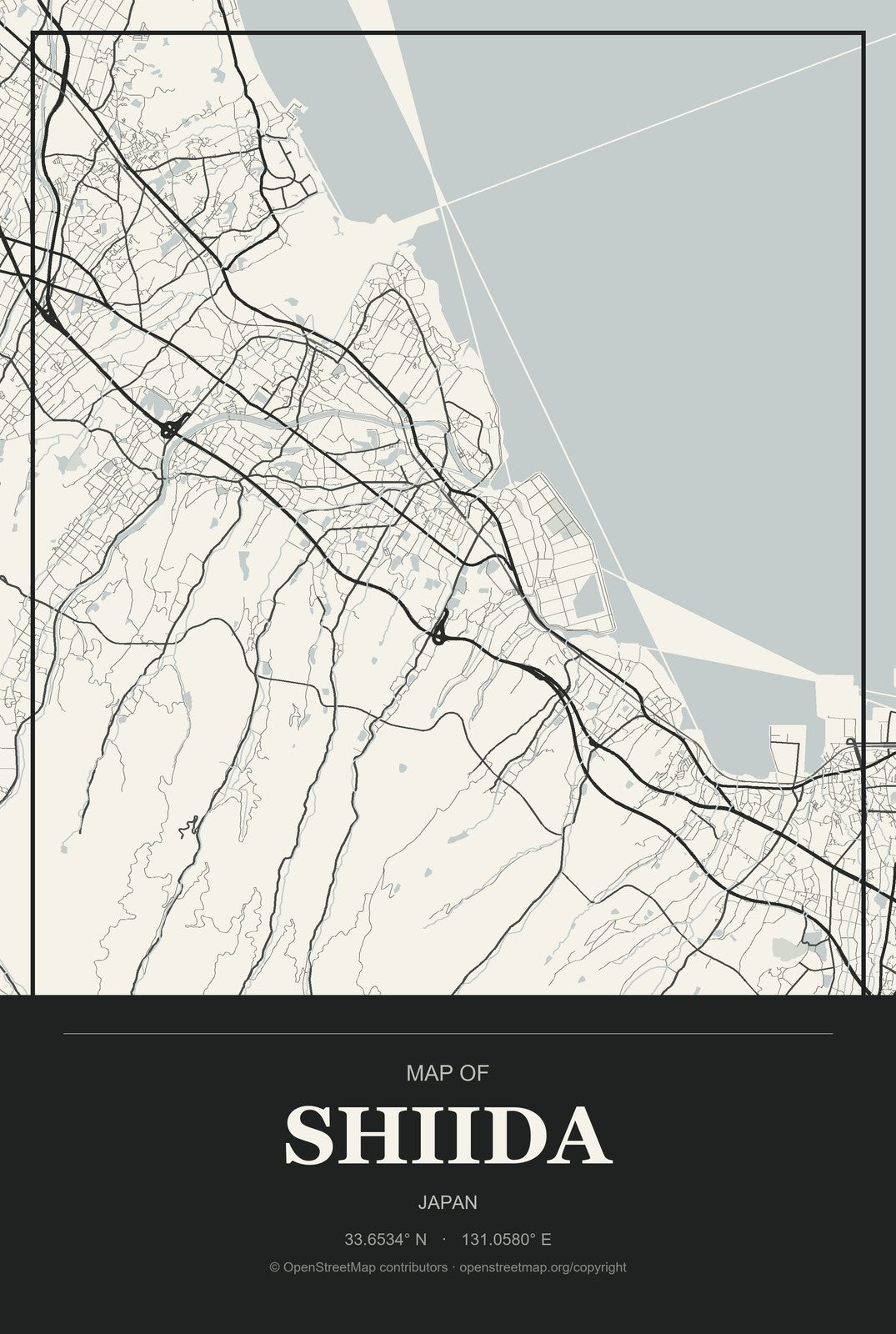 Shiida, Japan City Map Aluminum Sign in Museum Plaque style