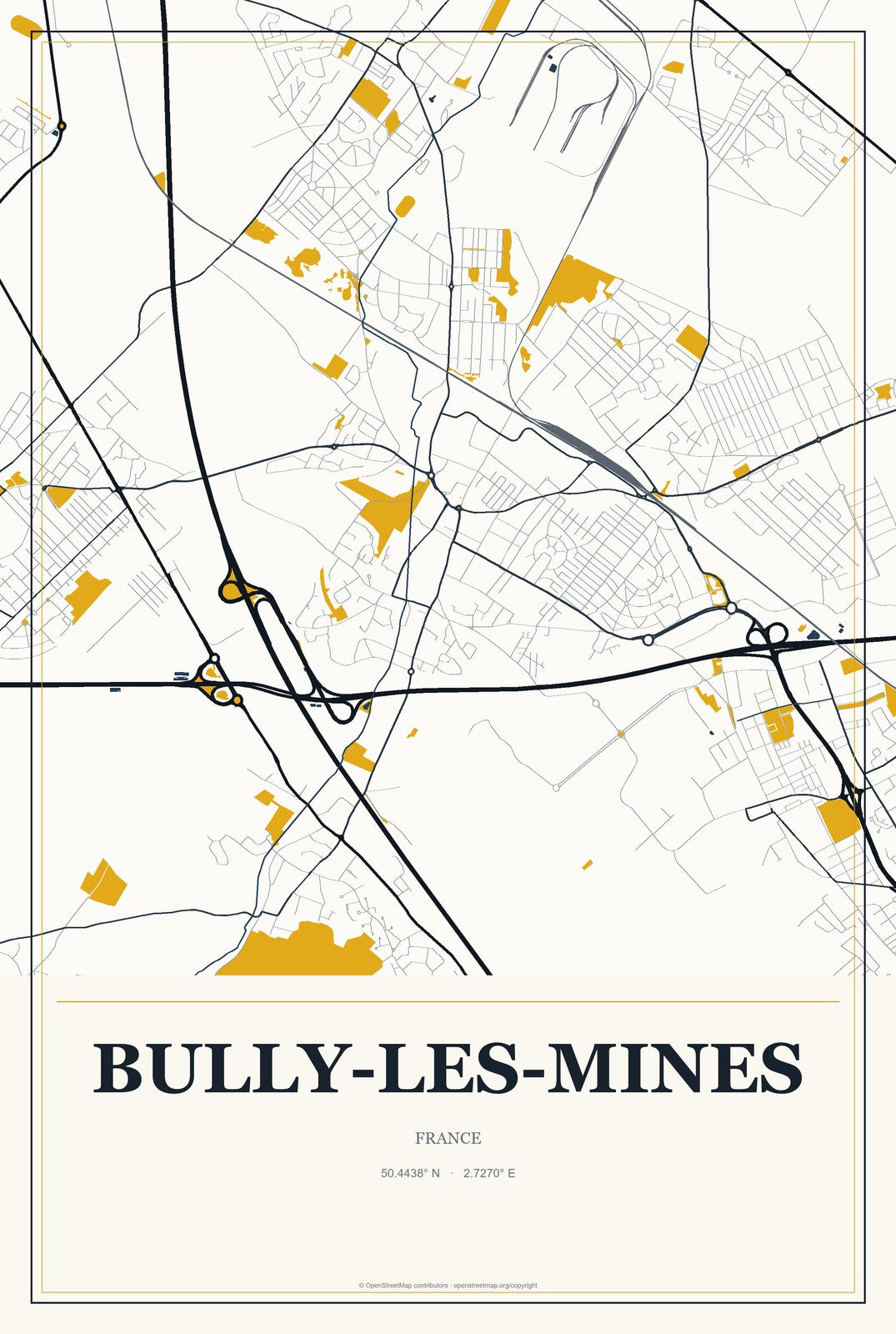 Bully-les-Mines, France City Map Aluminum Sign in Citrine Modern style