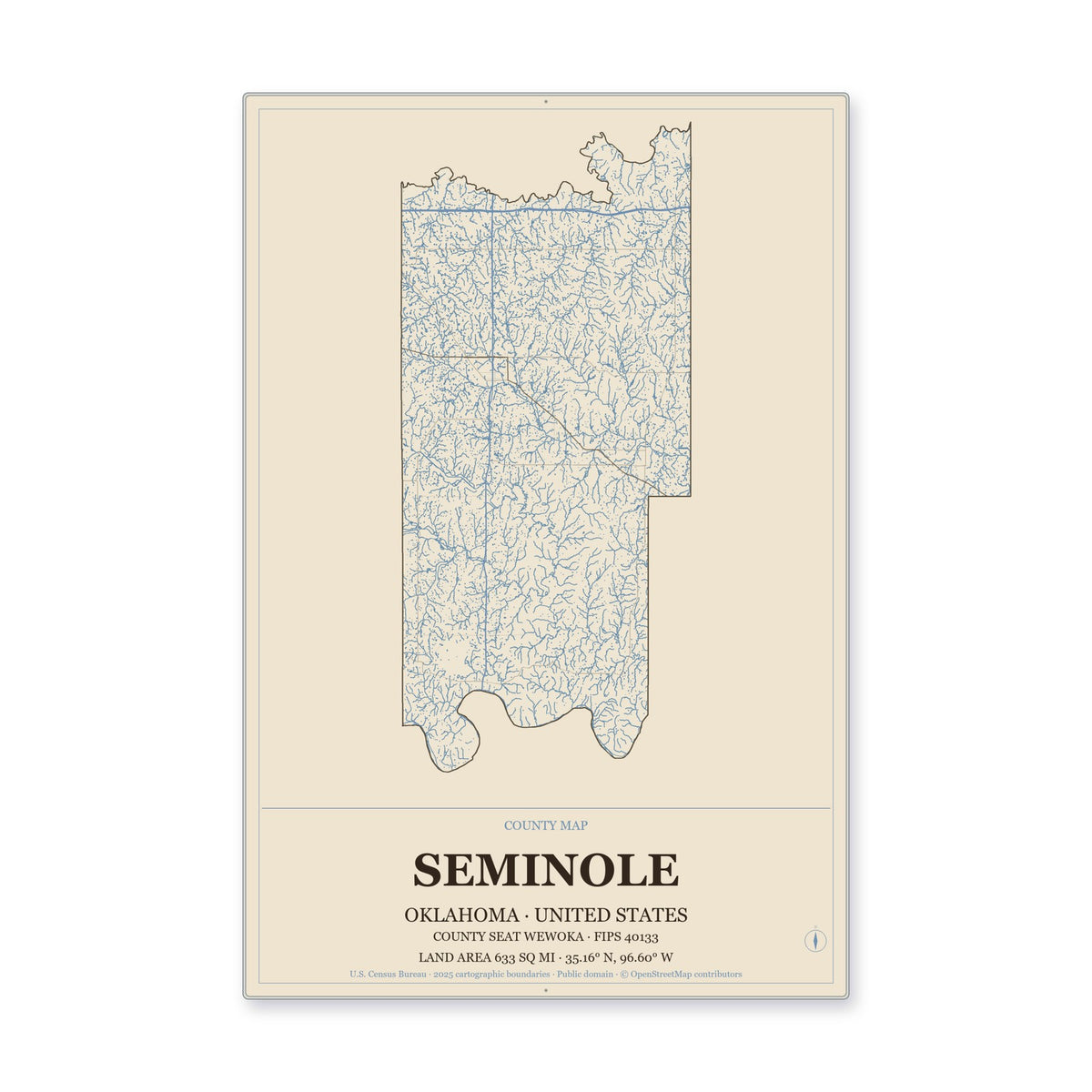 Seminole County, Oklahoma Map Aluminum Sign in Heritage Nautical style