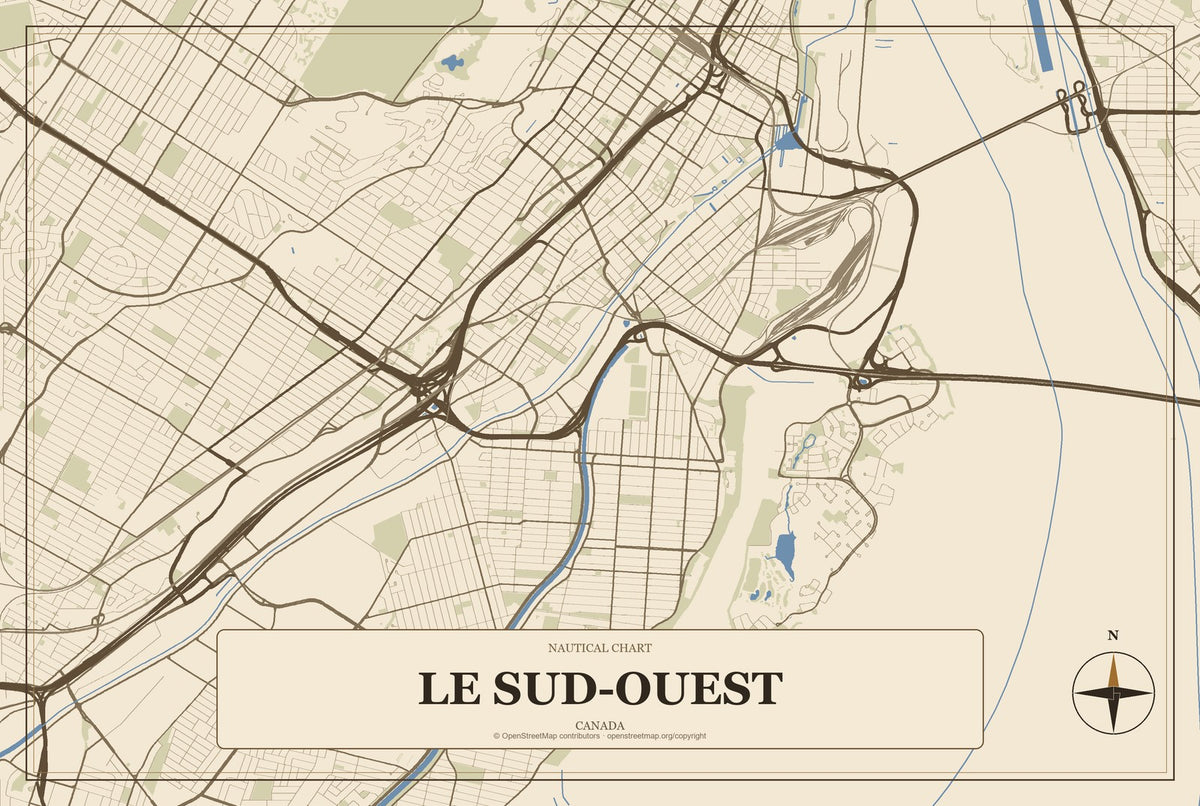 Le Sud-Ouest, Canada City Map Aluminum Sign in Heritage Nautical style