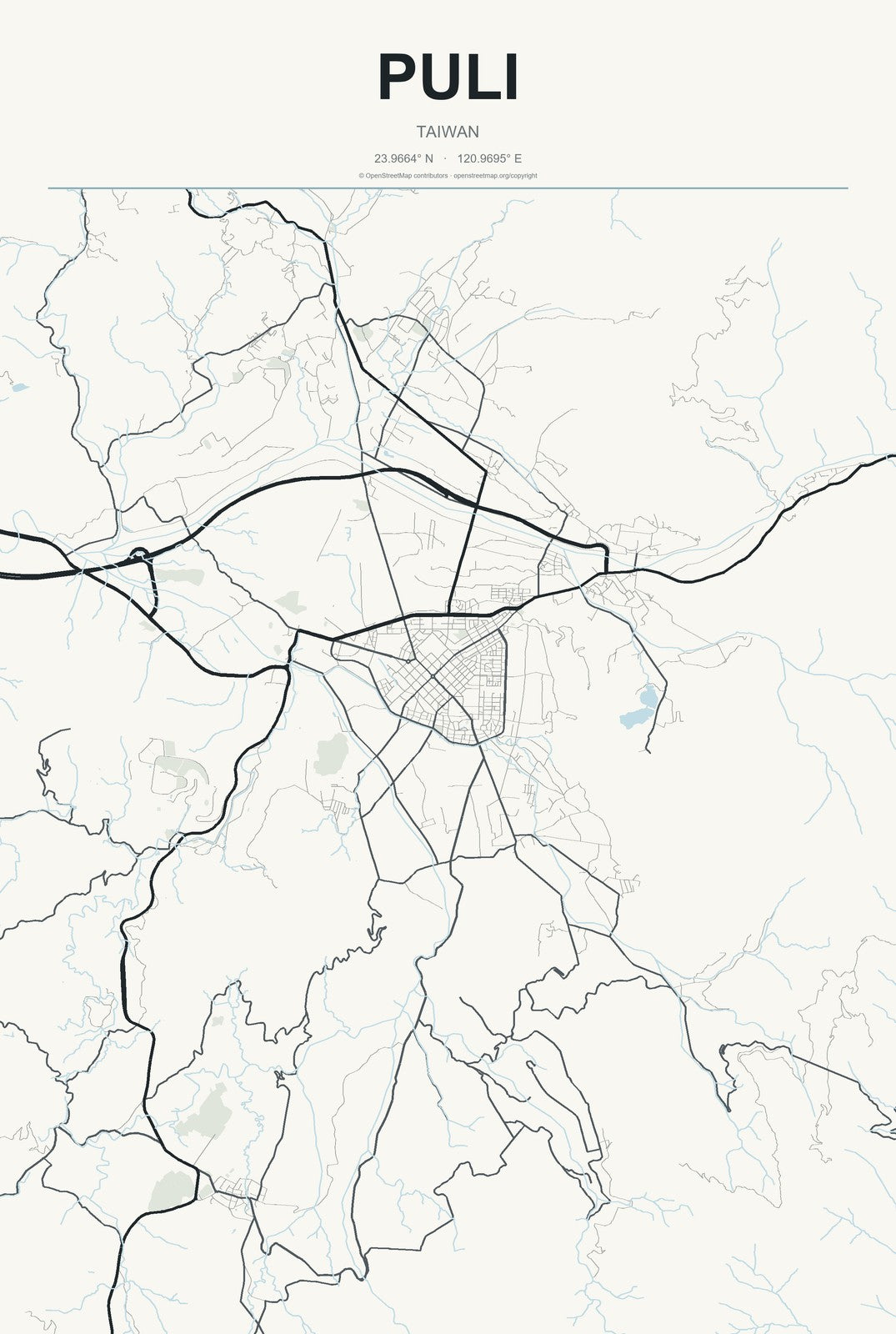 Puli, Taiwan City Map Aluminum Sign in Headline Atlas style