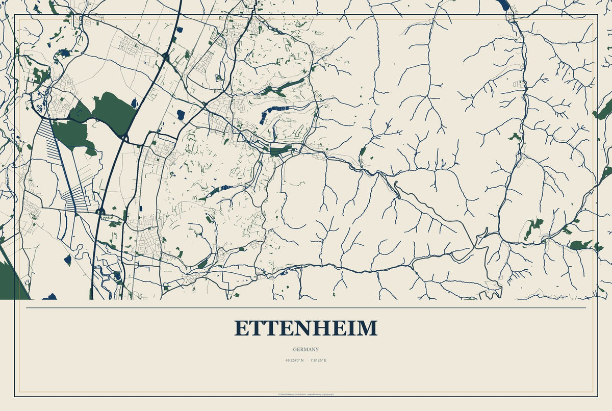 Ettenheim, Germany City Map Aluminum Sign in Coastal Cutout style