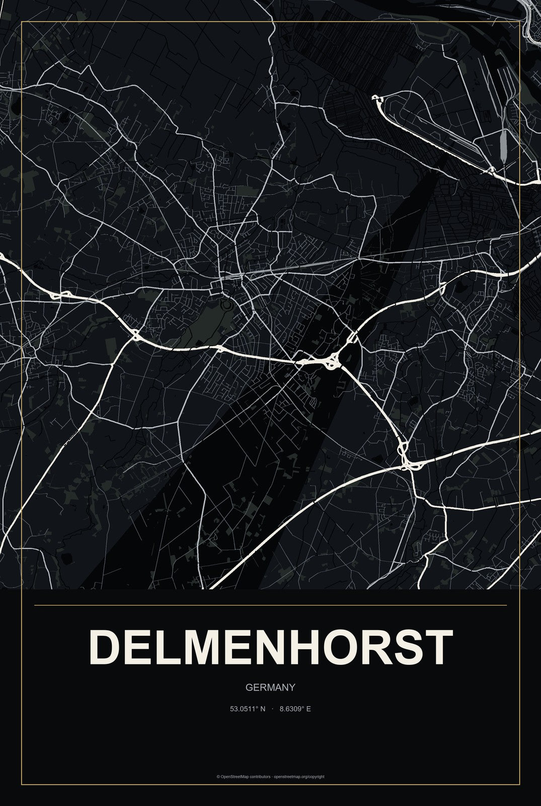 Delmenhorst, Germany City Map Aluminum Sign in Metropolitan Noir style