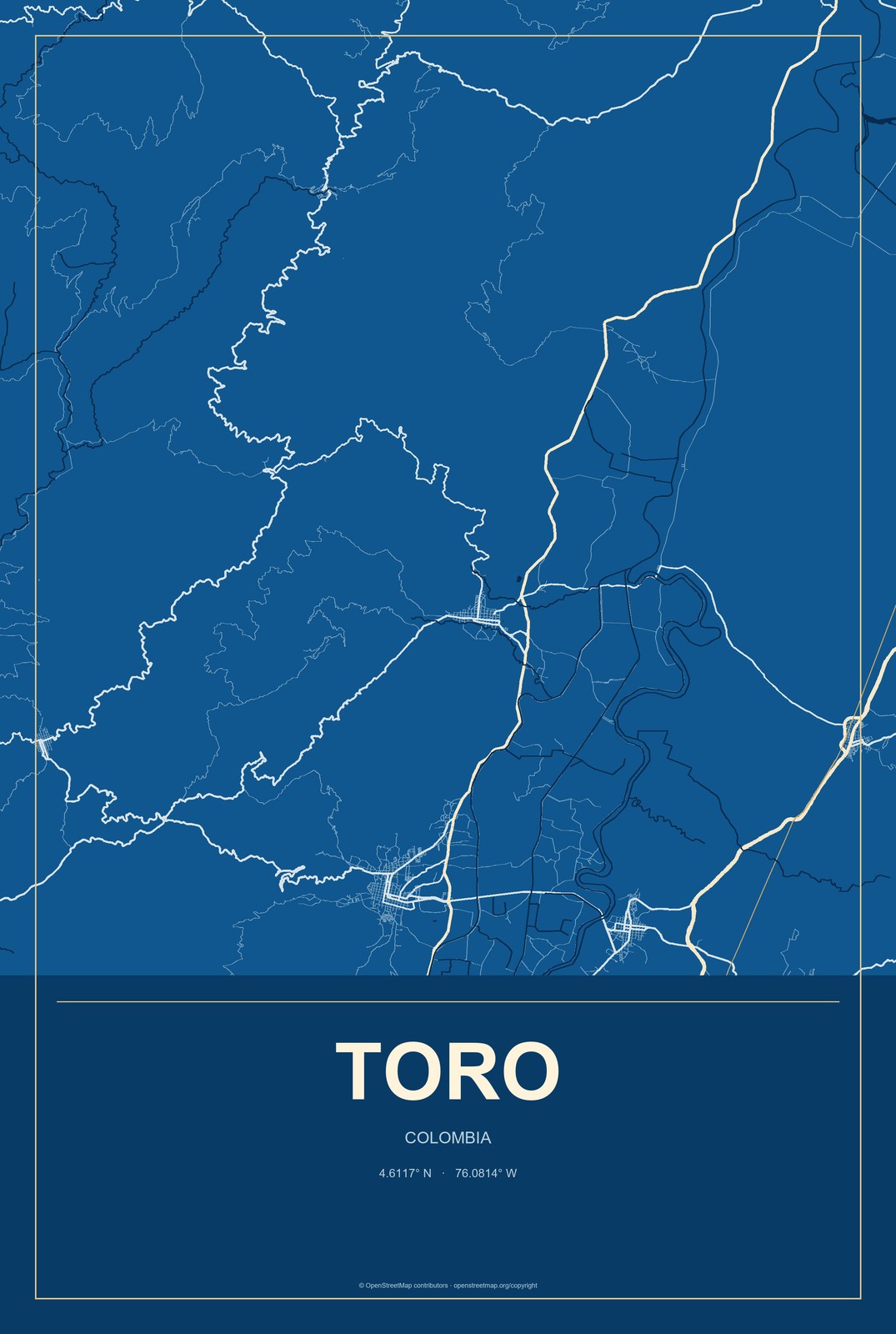 Toro, Colombia City Map Aluminum Sign in Harbor Cobalt style