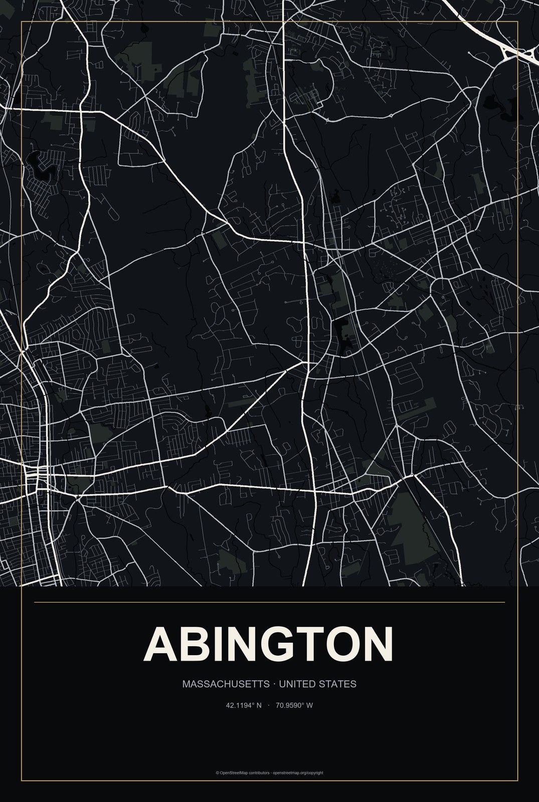 Abington, Massachusetts City Map Aluminum Sign in Metropolitan Noir style