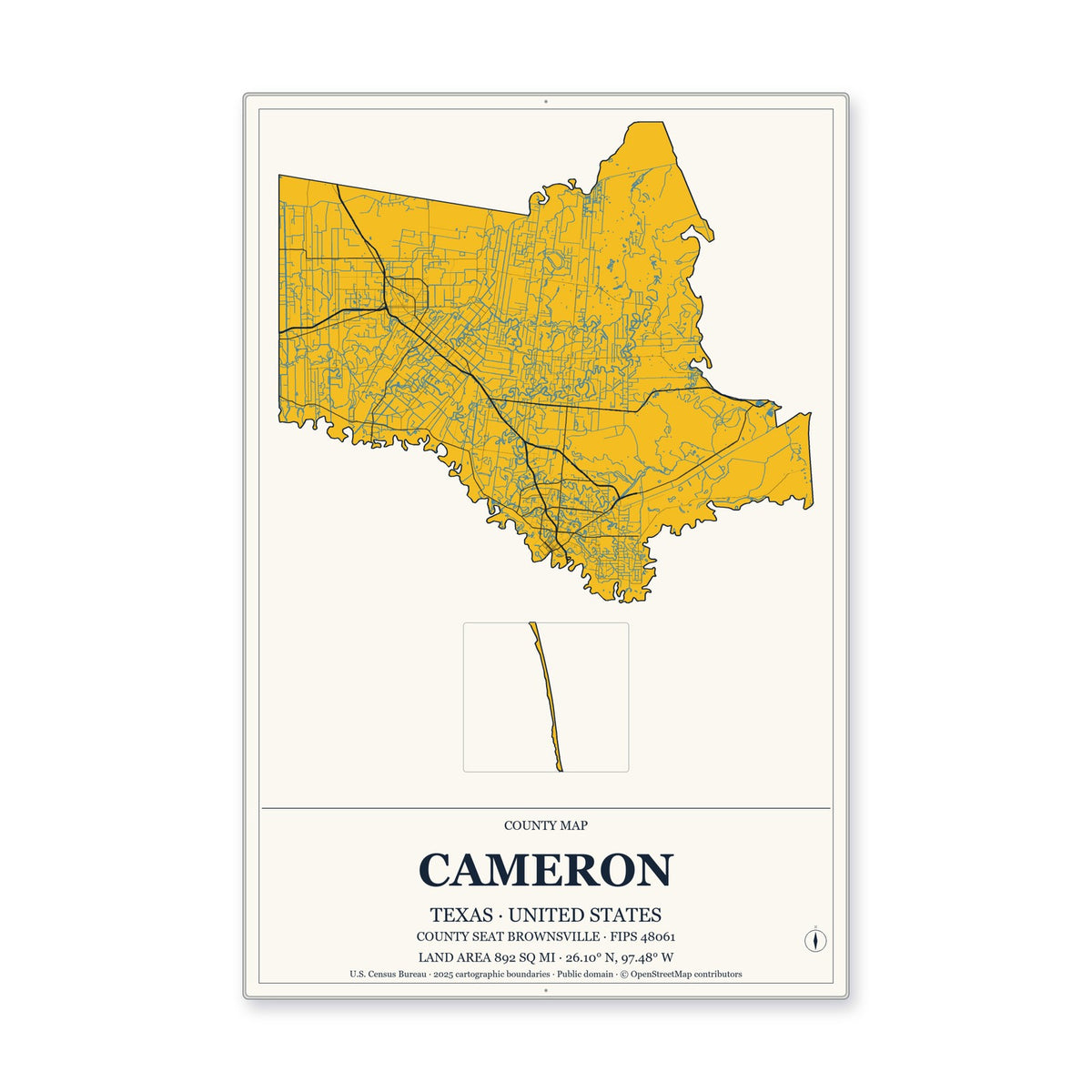 Cameron County, Texas Map Aluminum Sign in Citrine Modern style