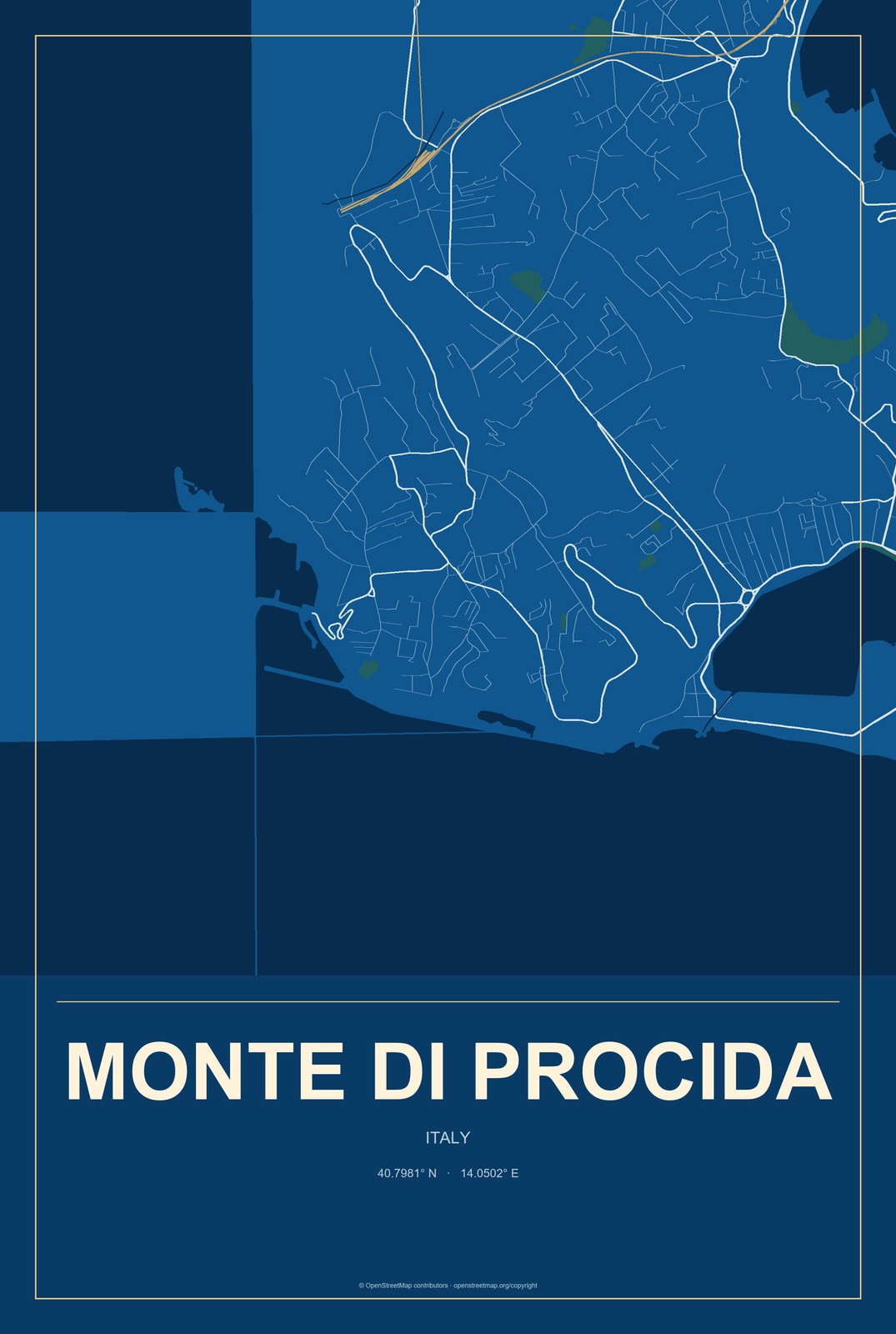 Monte di Procida, Italy City Map Aluminum Sign in Harbor Cobalt style