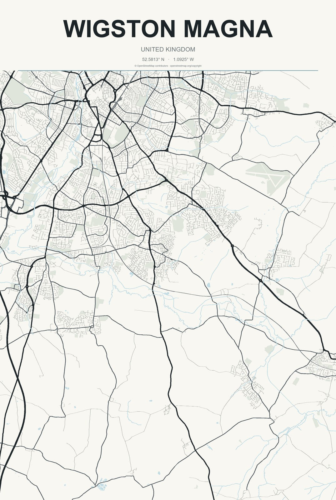 Wigston Magna, United Kingdom City Map Aluminum Sign in Headline Atlas style