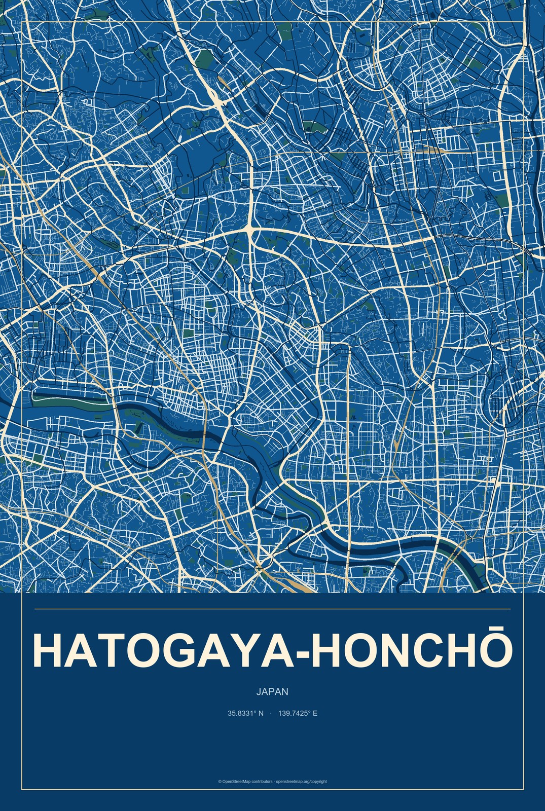 Hatogaya-honchō, Japan City Map Aluminum Sign in Harbor Cobalt style