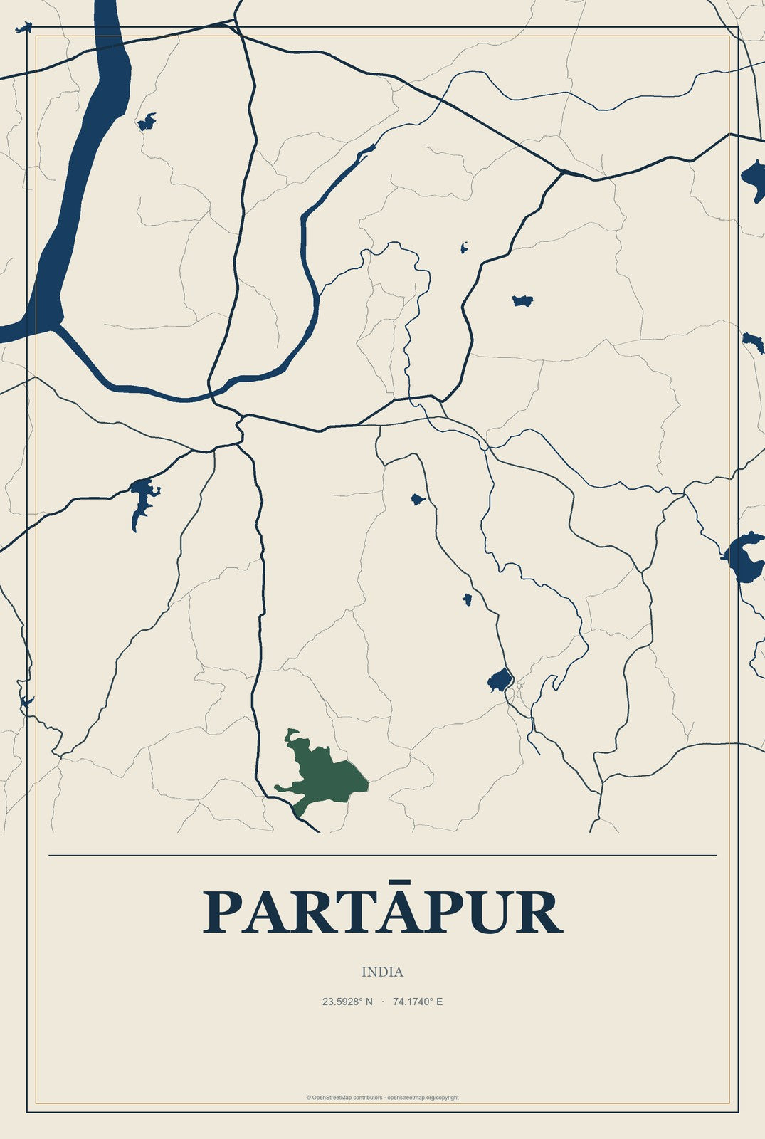Partāpur, India City Map Aluminum Sign in Coastal Cutout style