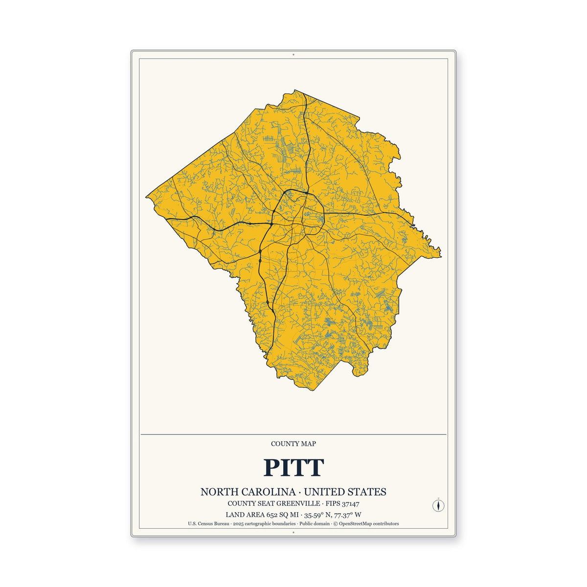 Pitt County, North Carolina Map Aluminum Sign in Citrine Modern style