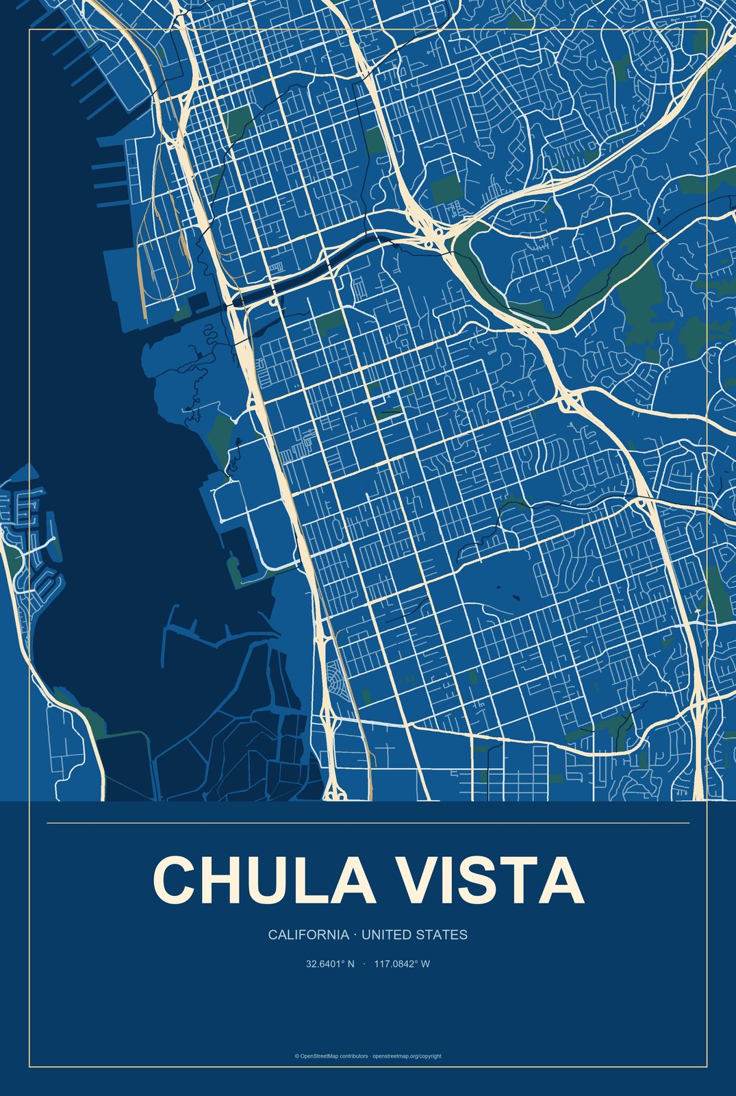 Chula Vista, California City Map Aluminum Sign in Harbor Cobalt style