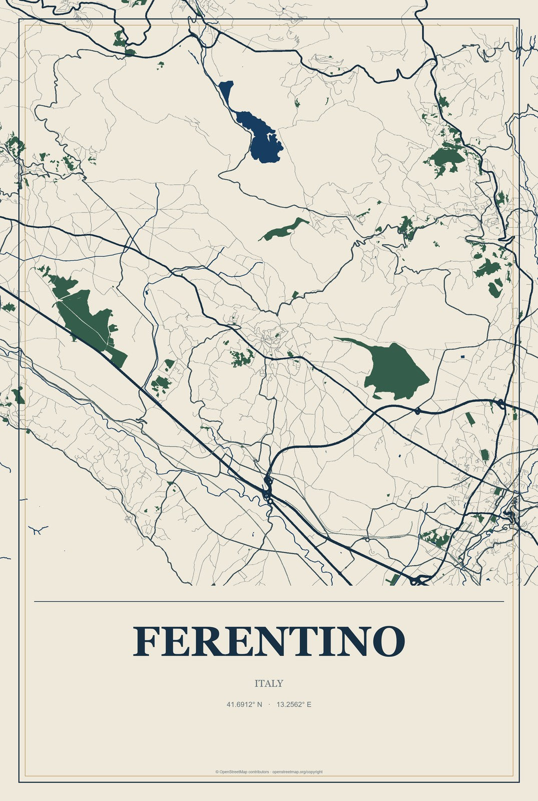 Ferentino, Italy City Map Aluminum Sign in Coastal Cutout style