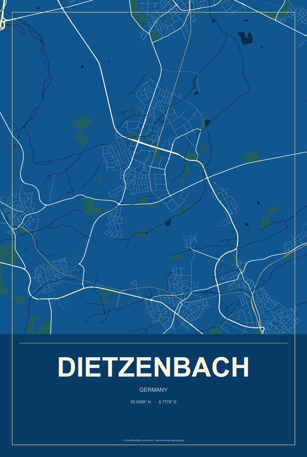 Dietzenbach, Germany City Map Aluminum Sign in Harbor Cobalt style