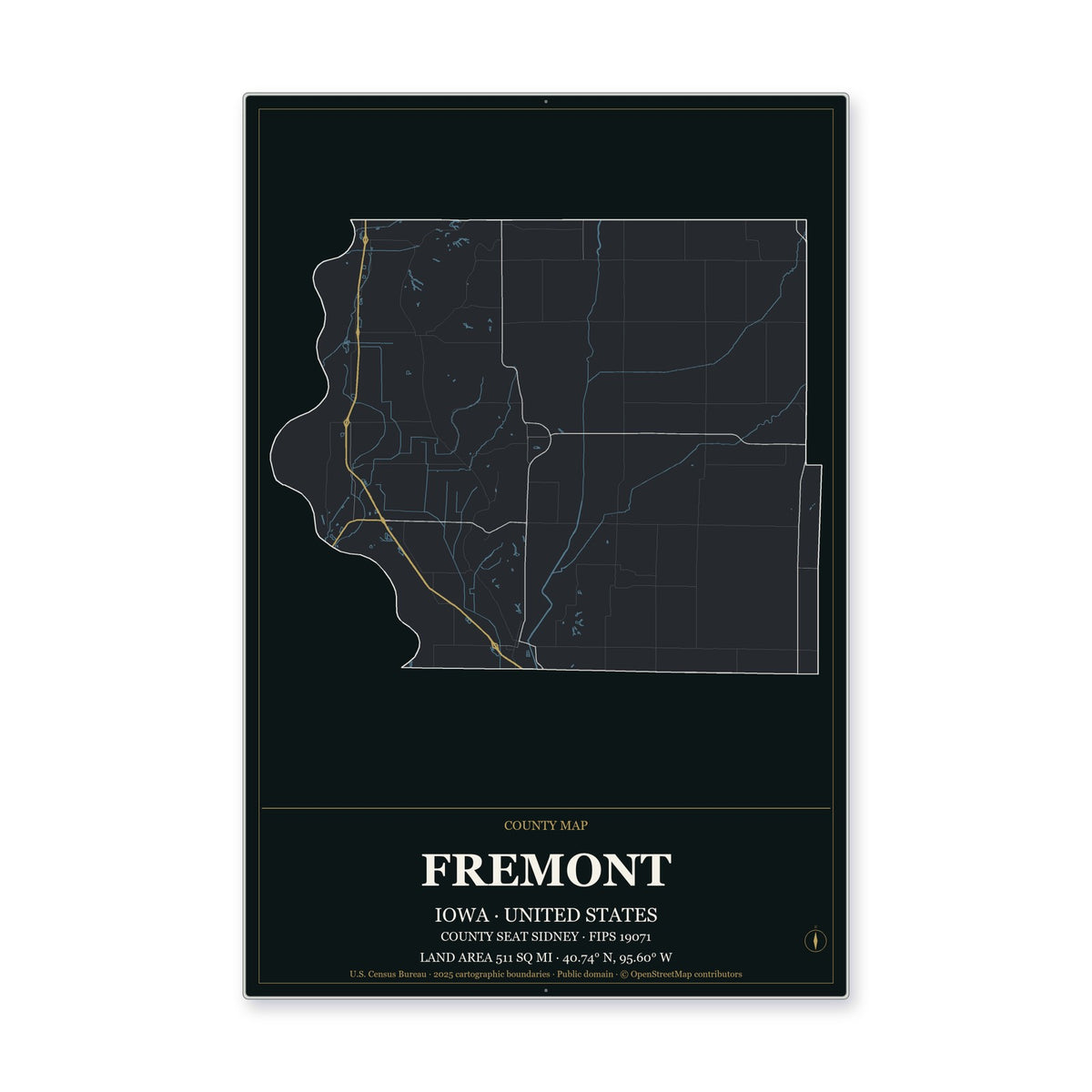 Fremont County, Iowa Map Aluminum Sign in Metropolitan Noir style