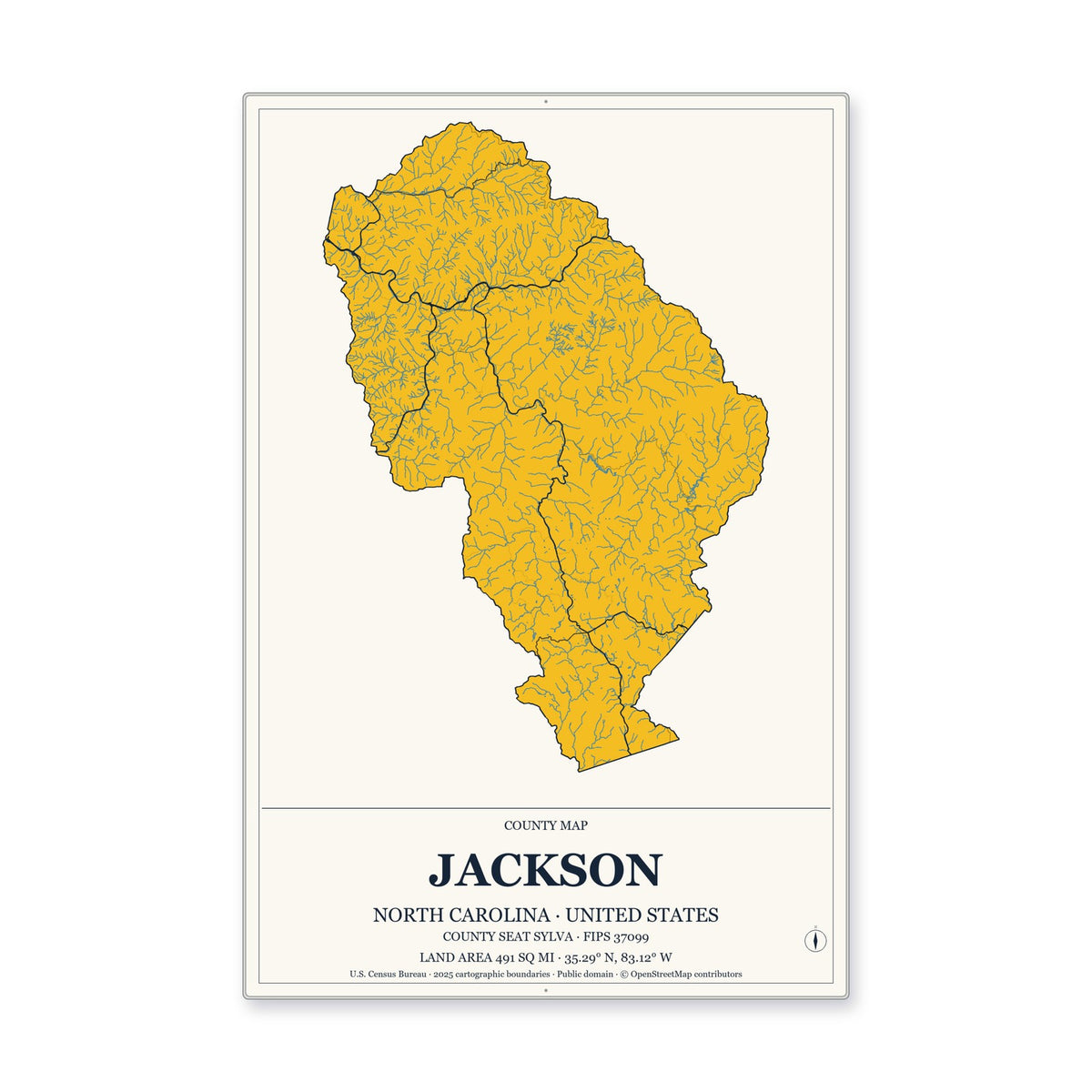 Jackson County, North Carolina Map Aluminum Sign in Citrine Modern style