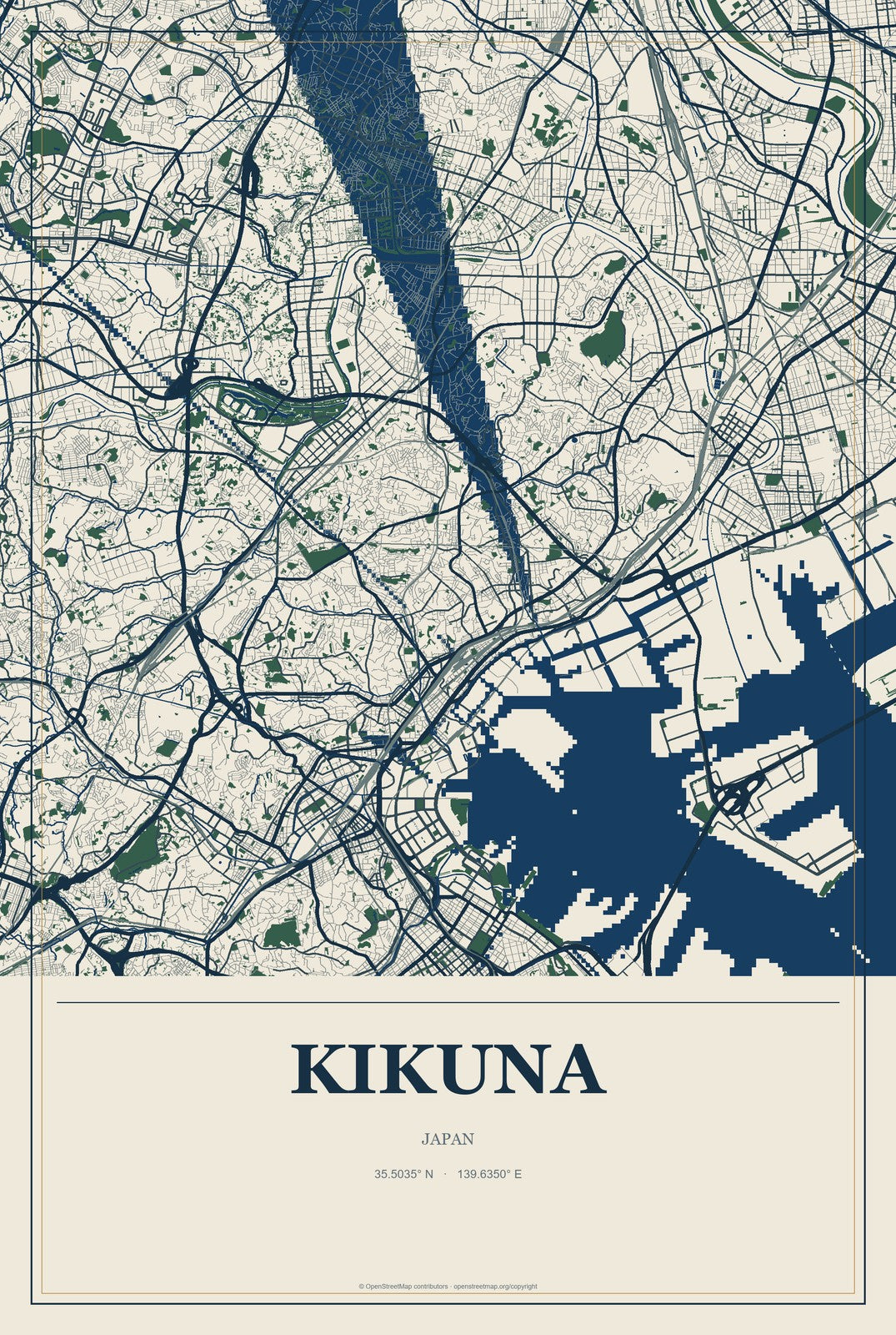 Kikuna, Japan City Map Aluminum Sign in Coastal Cutout style