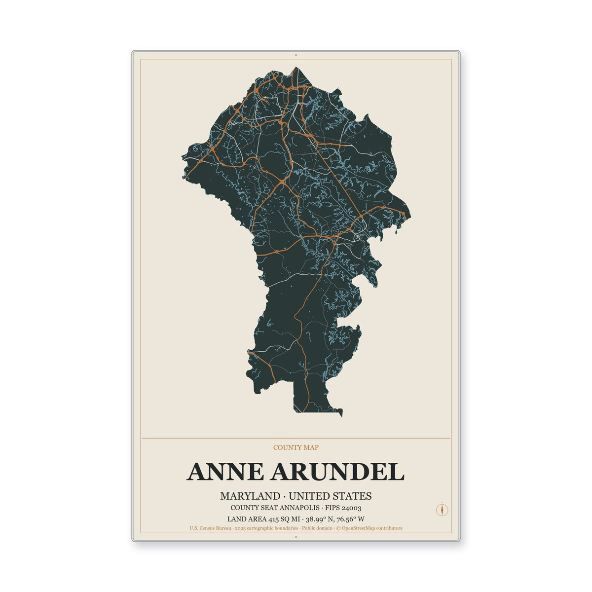 Anne Arundel County, Maryland Map Aluminum Sign in Headline Atlas style