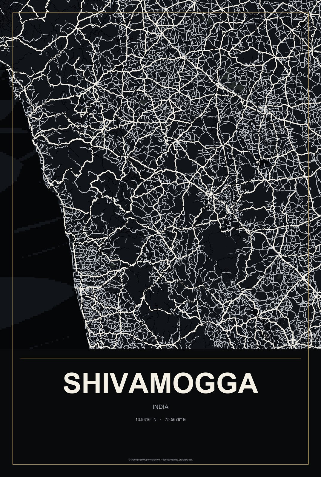 Shivamogga, India City Map Aluminum Sign in Metropolitan Noir style