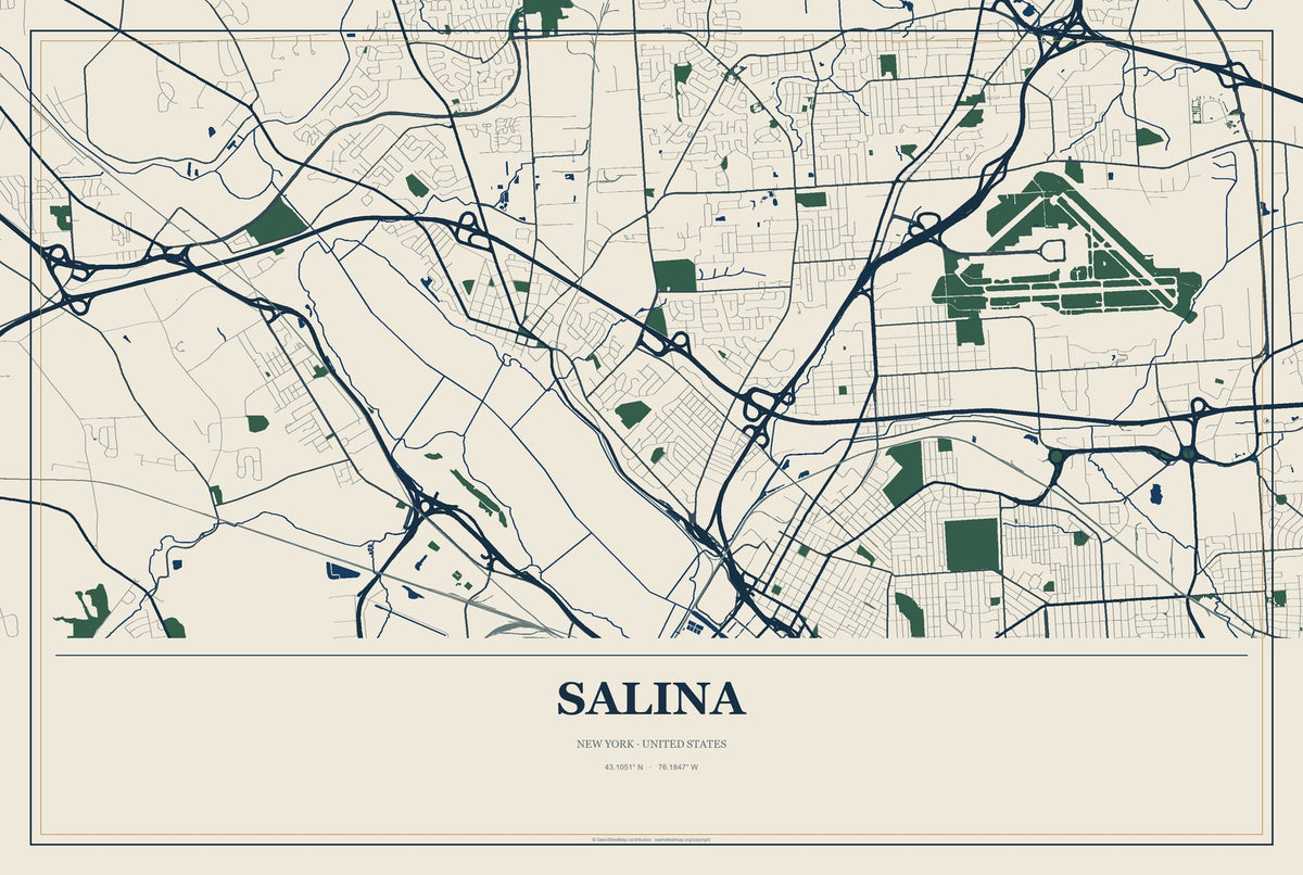 Salina, New York City Map Aluminum Sign in Coastal Cutout style