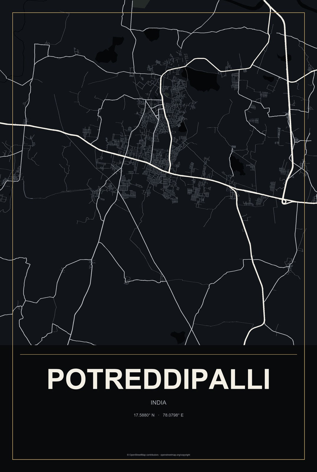 Potreddipalli, India City Map Aluminum Sign in Metropolitan Noir style