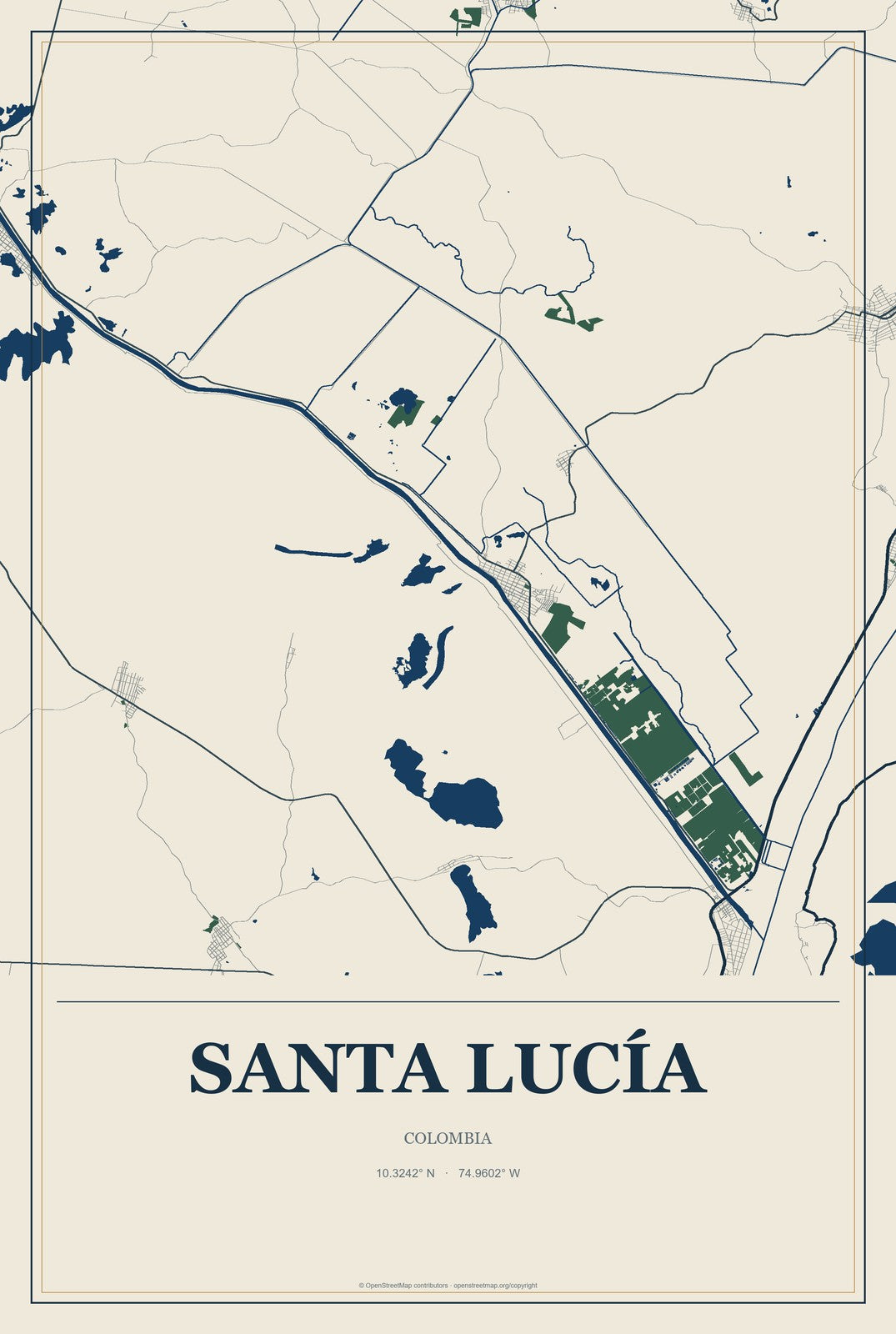Santa Lucía, Colombia City Map Aluminum Sign in Coastal Cutout style