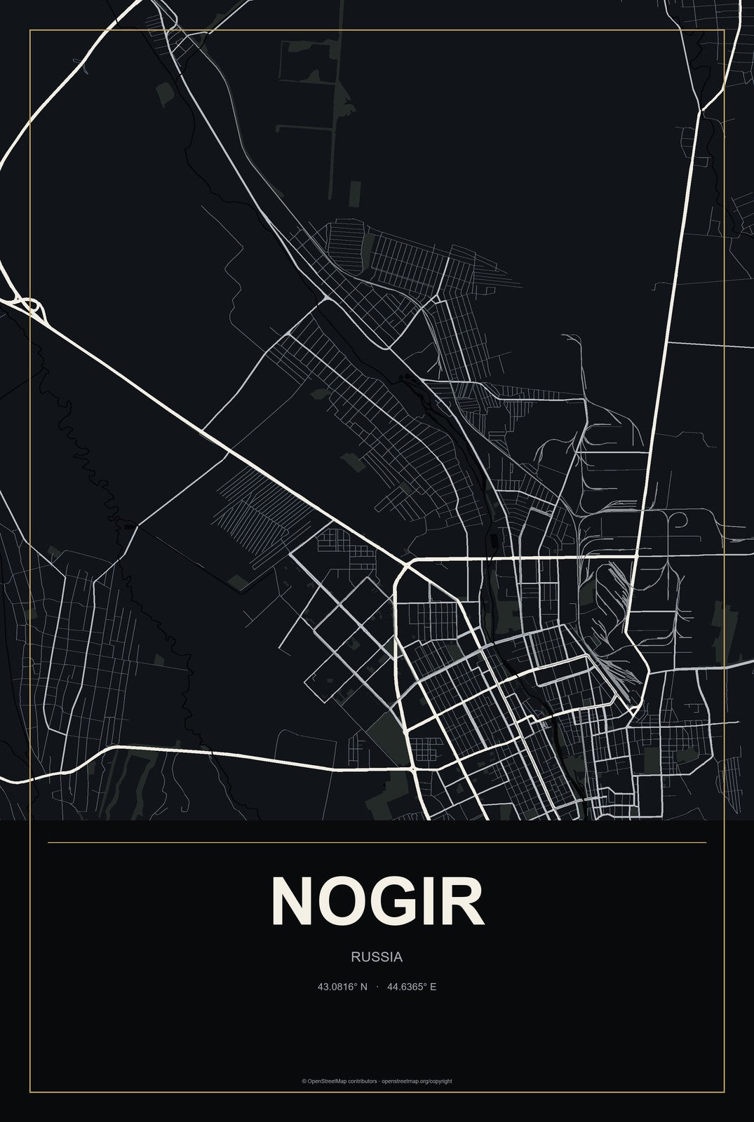 Nogir, Russia City Map Aluminum Sign in Metropolitan Noir style