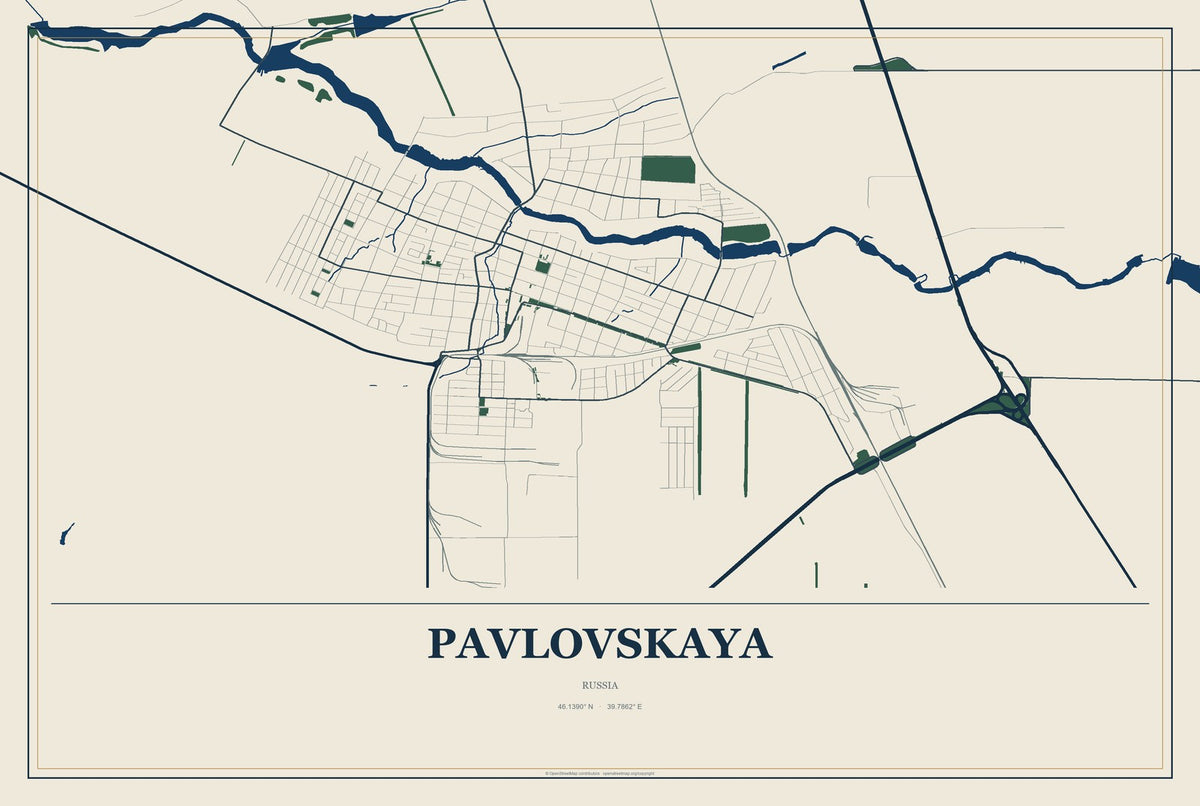 Pavlovskaya, Russia City Map Aluminum Sign in Coastal Cutout style