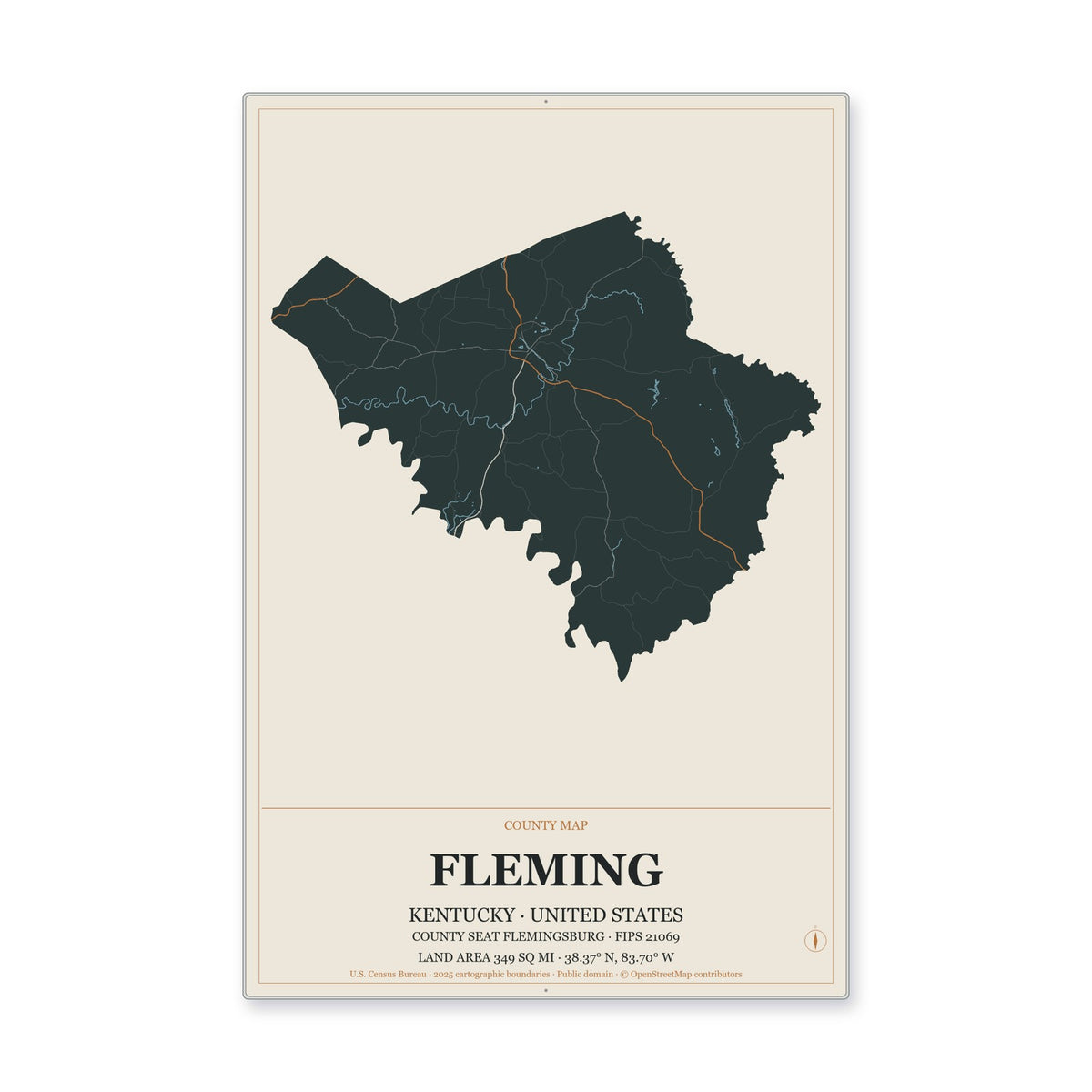 Fleming County, Kentucky Map Aluminum Sign in Headline Atlas style