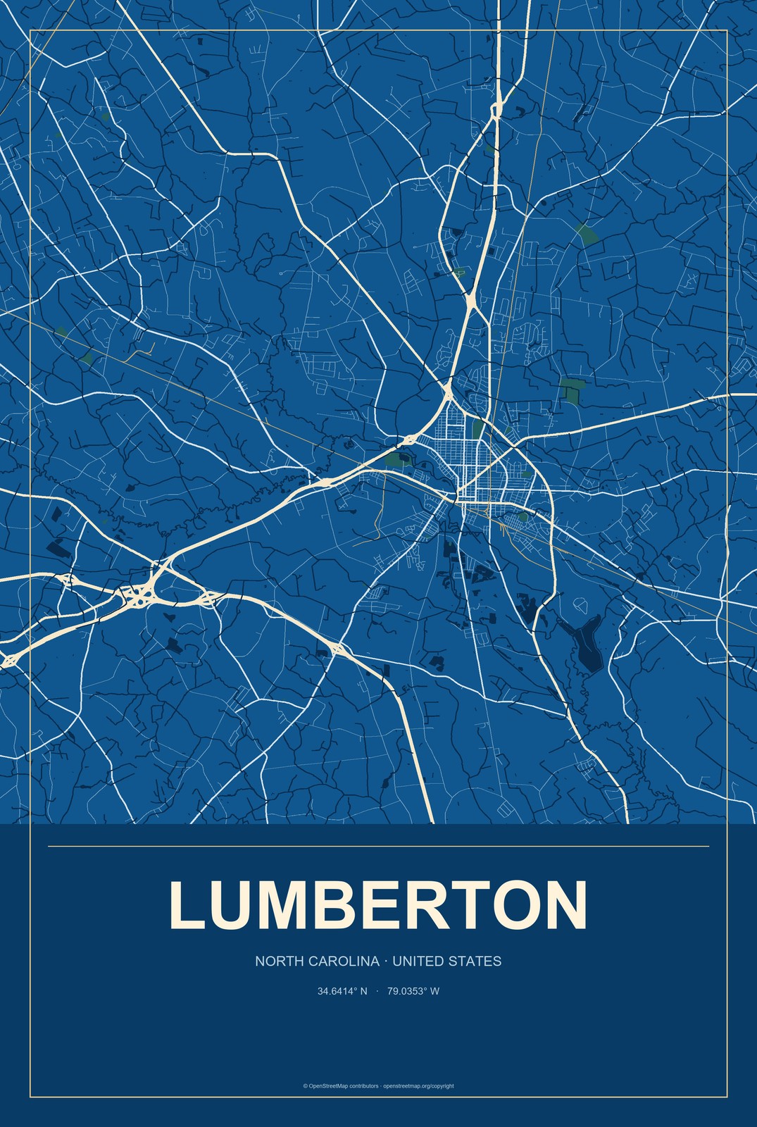 Lumberton, North Carolina City Map Aluminum Sign in Harbor Cobalt style