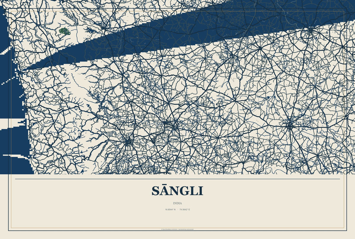 Sāngli, India City Map Aluminum Sign in Coastal Cutout style