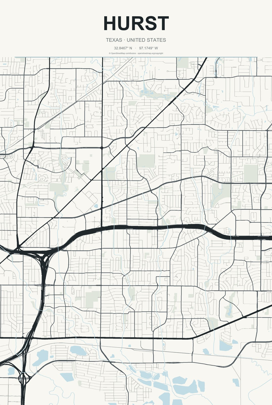 Hurst, Texas City Map Aluminum Sign in Headline Atlas style