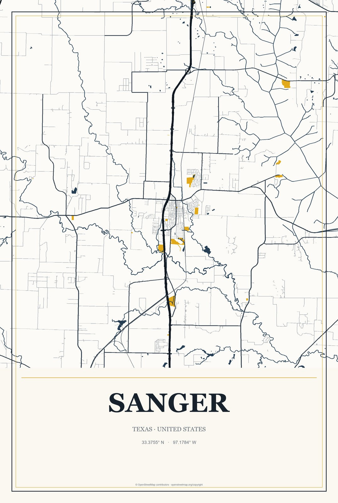 Sanger, Texas City Map Aluminum Sign in Citrine Modern style