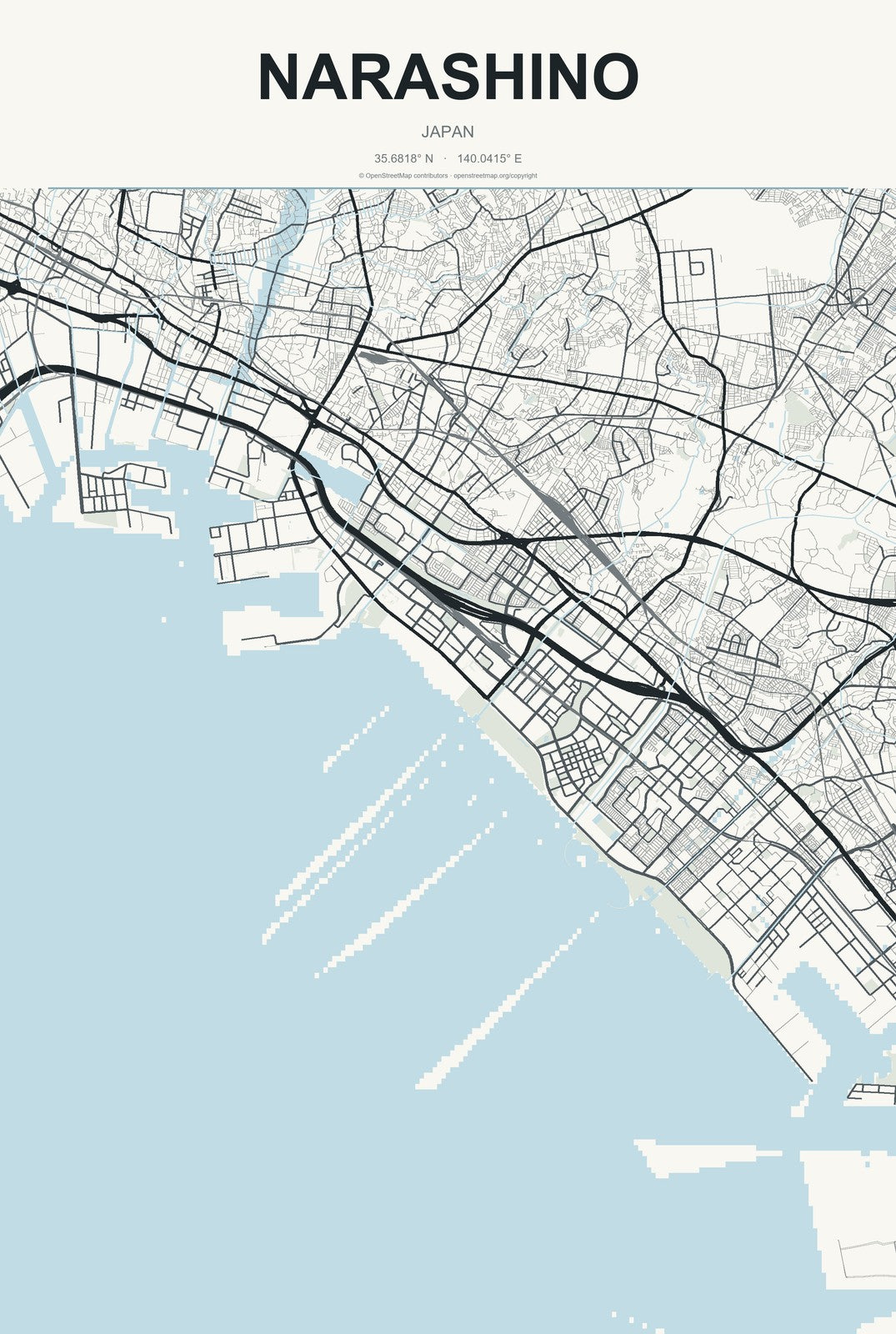 Narashino, Japan City Map Aluminum Sign in Headline Atlas style