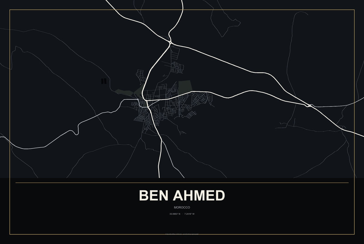 Ben Ahmed, Morocco City Map Aluminum Sign in Metropolitan Noir style
