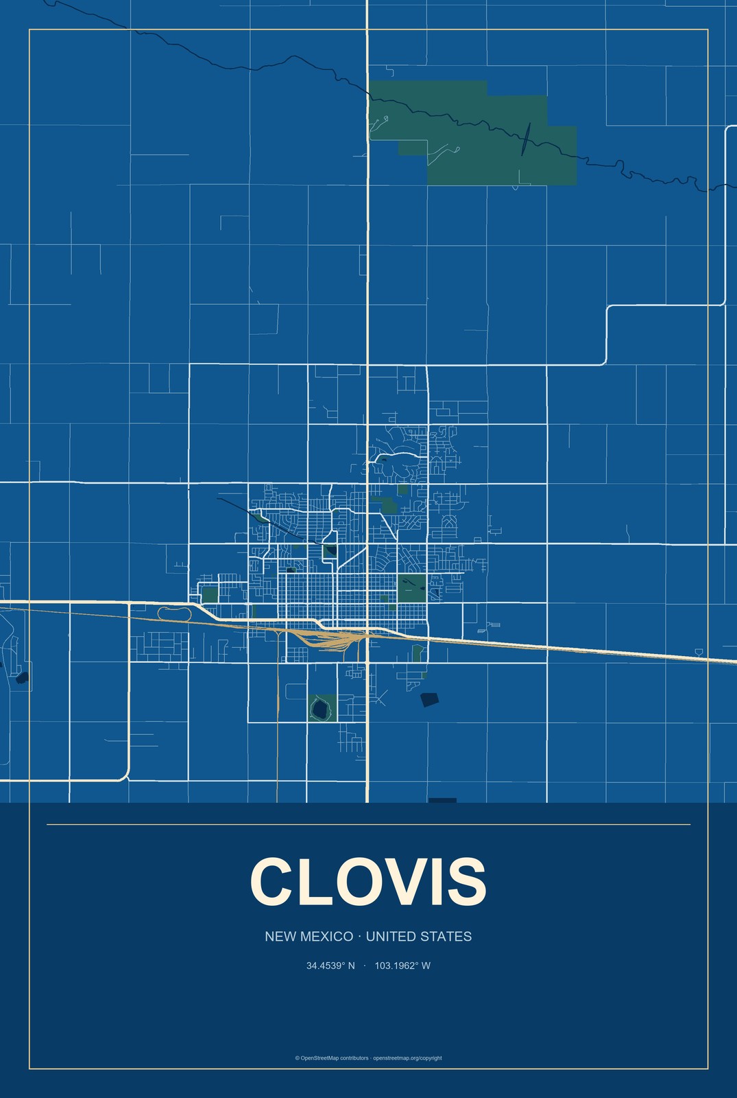 Clovis, New Mexico City Map Aluminum Sign in Harbor Cobalt style
