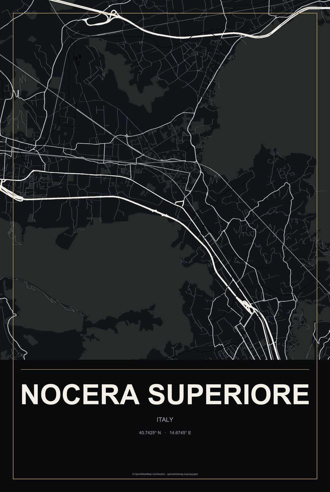 Nocera Superiore, Italy City Map Aluminum Sign in Metropolitan Noir style