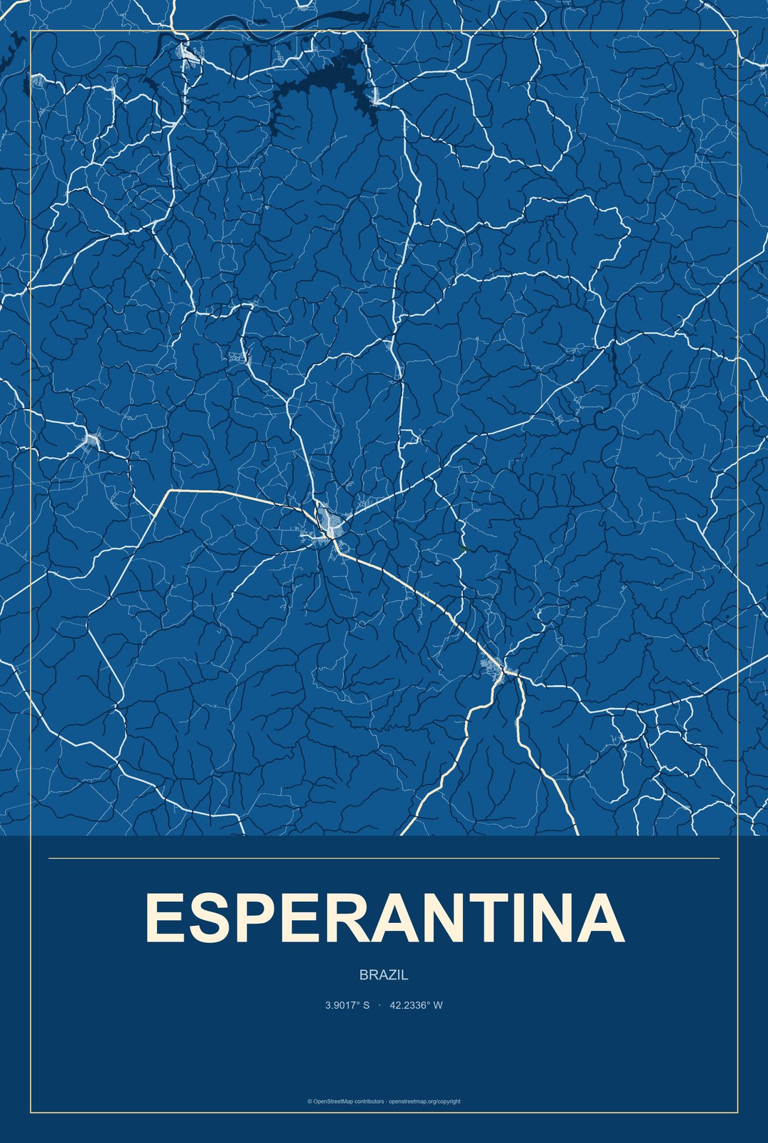 Esperantina, Brazil City Map Aluminum Sign in Harbor Cobalt style