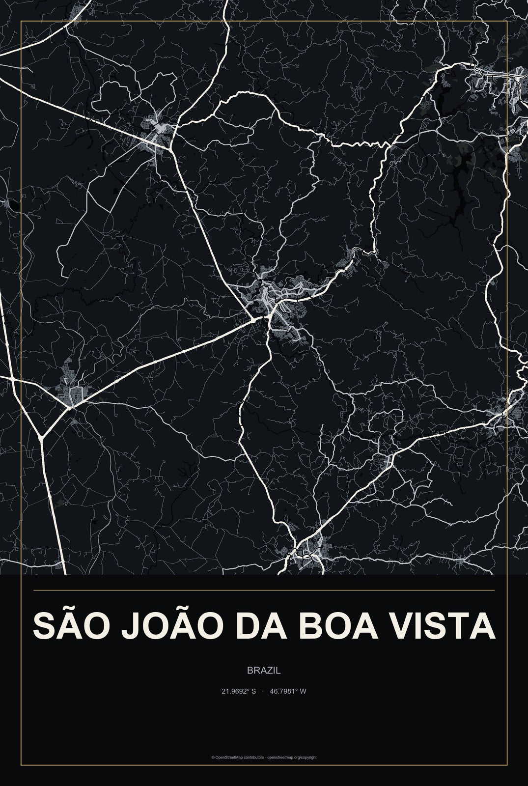 São João da Boa Vista, Brazil City Map Aluminum Sign in Metropolitan Noir style