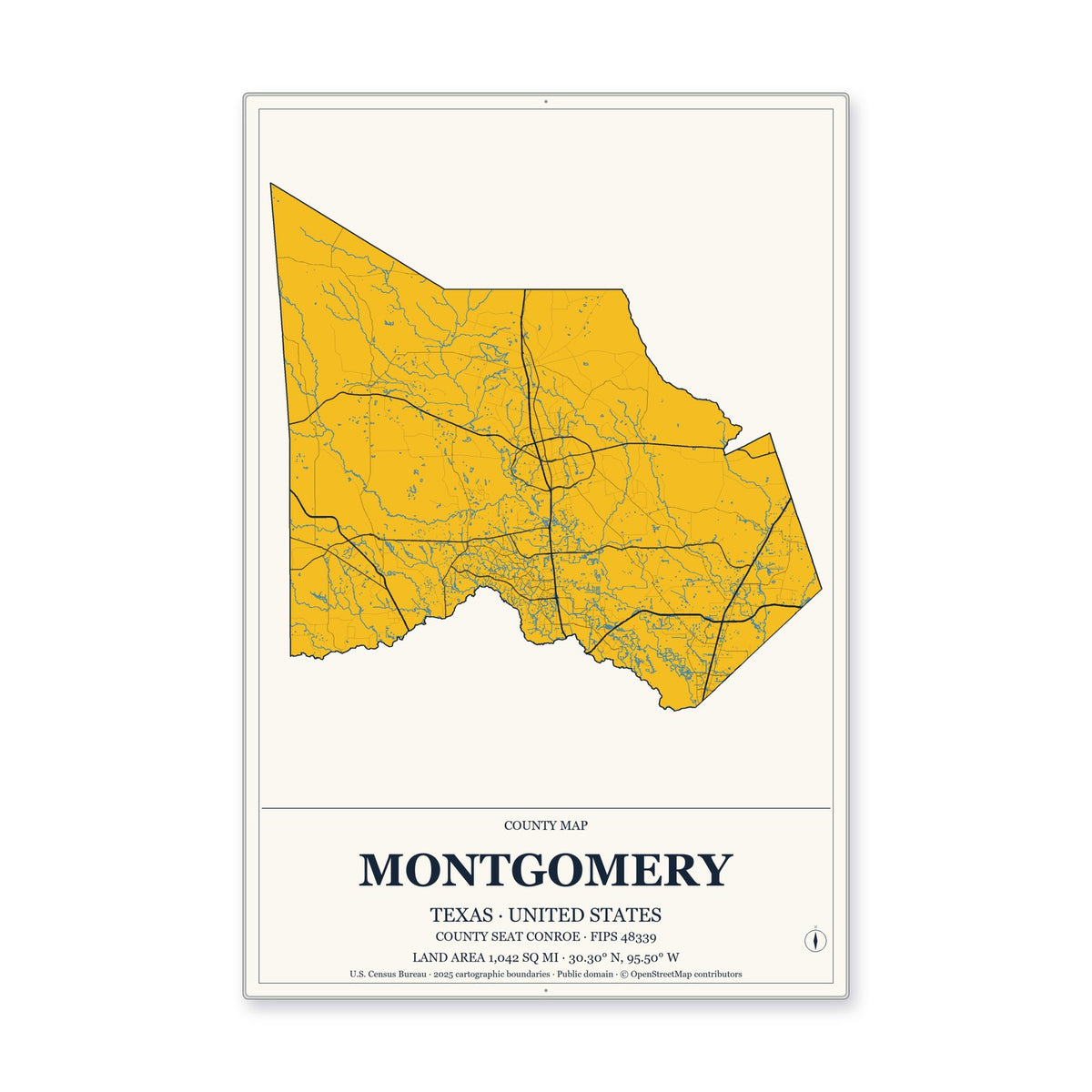 Montgomery County, Texas Map Aluminum Sign in Citrine Modern style