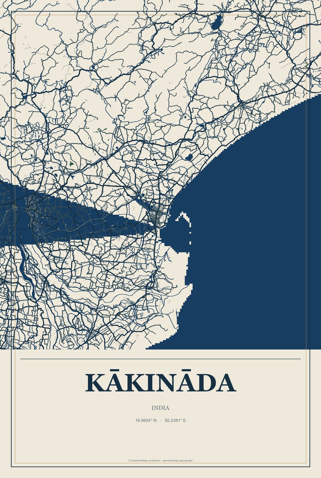 Kākināda, India City Map Aluminum Sign in Coastal Cutout style